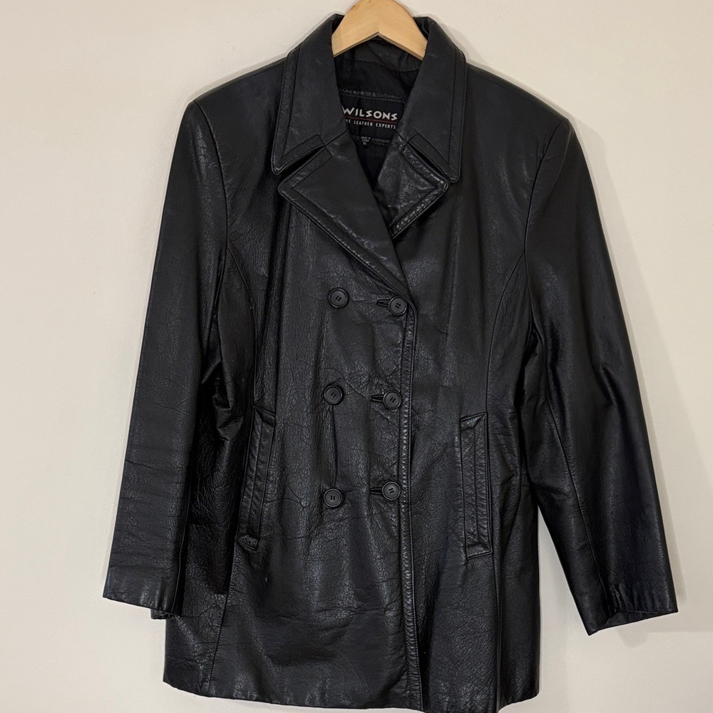 Vintage 90s Wilson Black Leather Jacket Double-Breasted Trenchcoat Women's XL